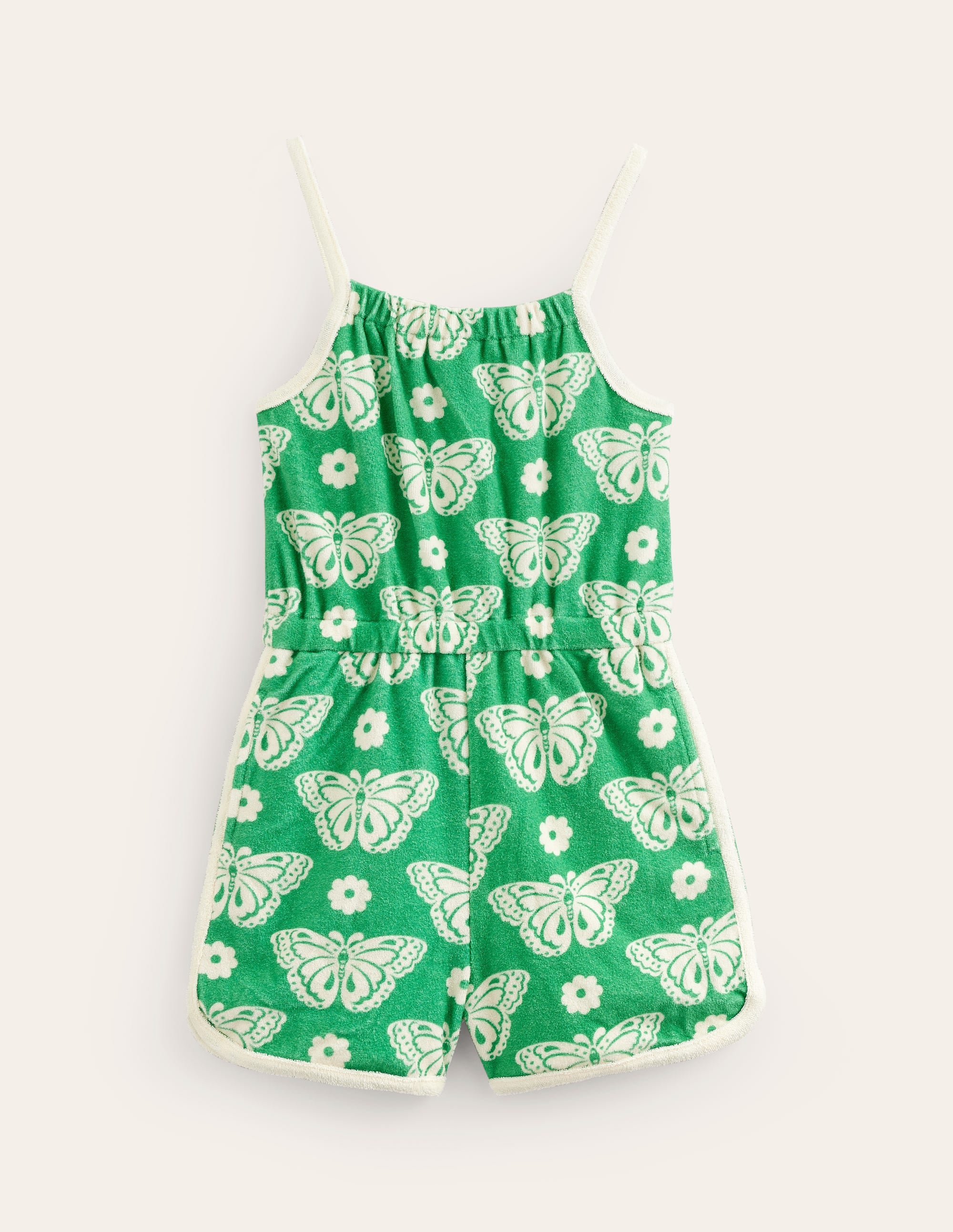 Strappy Towelling Romper-Pea Green Butterfly Stamp - Image 1