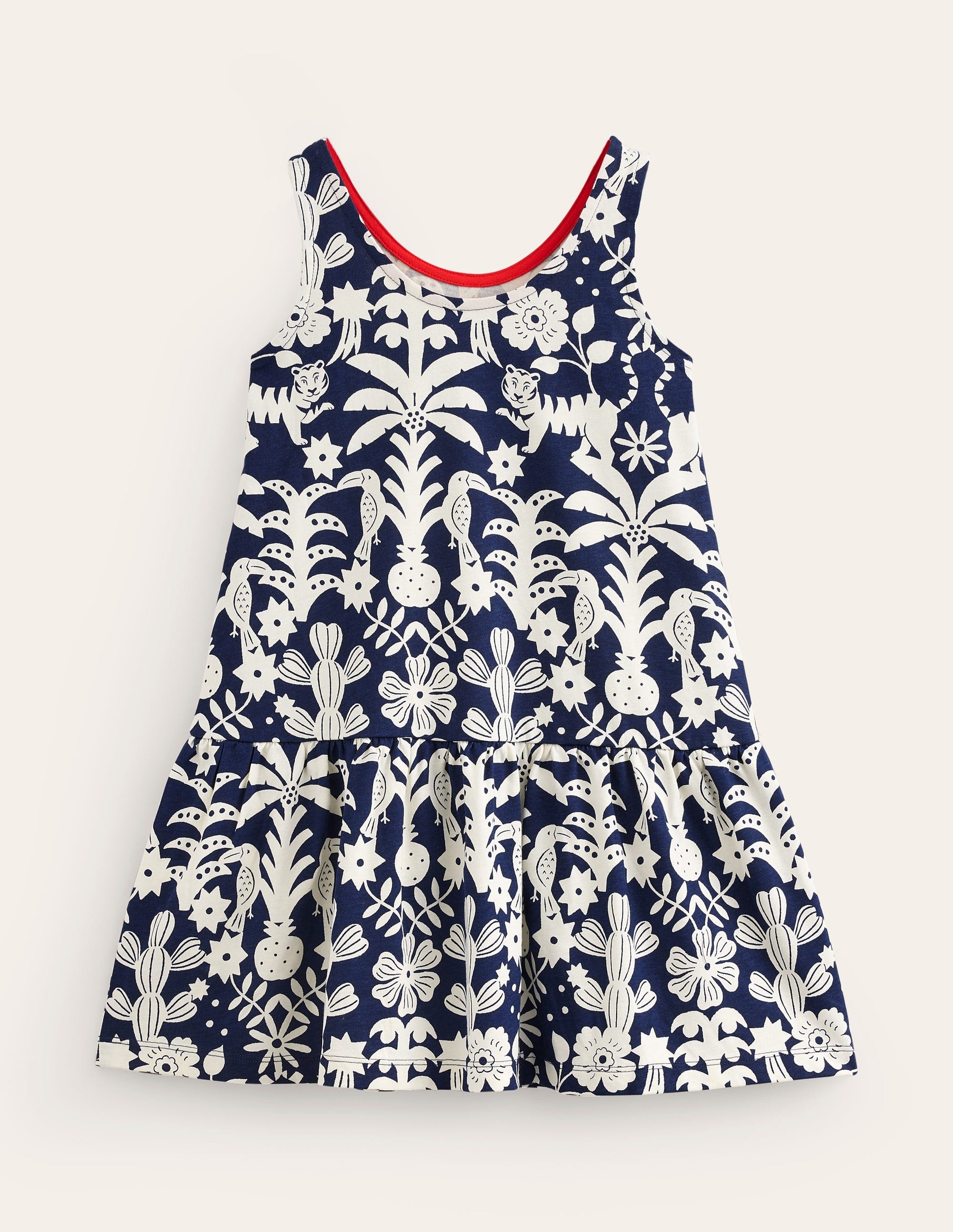 Strappy Drop Waist Dress-College Navy Animal Woodblock-2