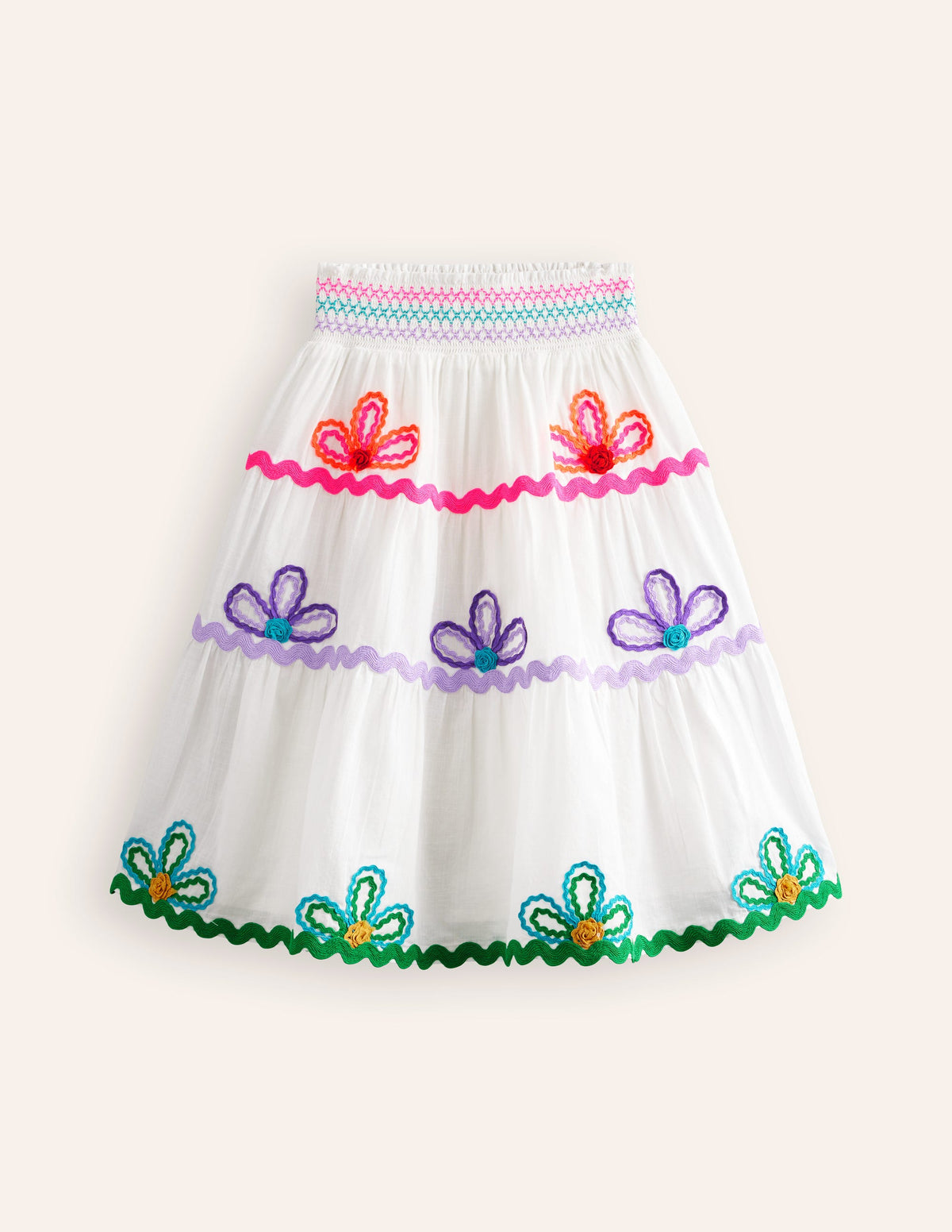 Ric Rac Detail Midi Skirt-White-1