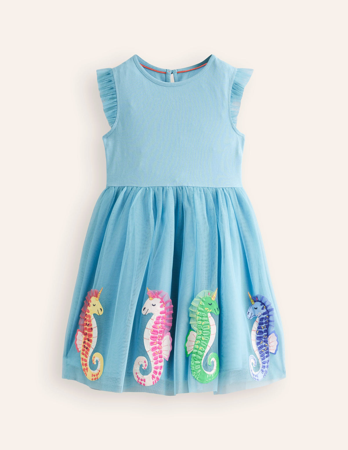 Jersey Tulle Appliqué Dress-Aqua Sea Blue Seahorses - Image 1