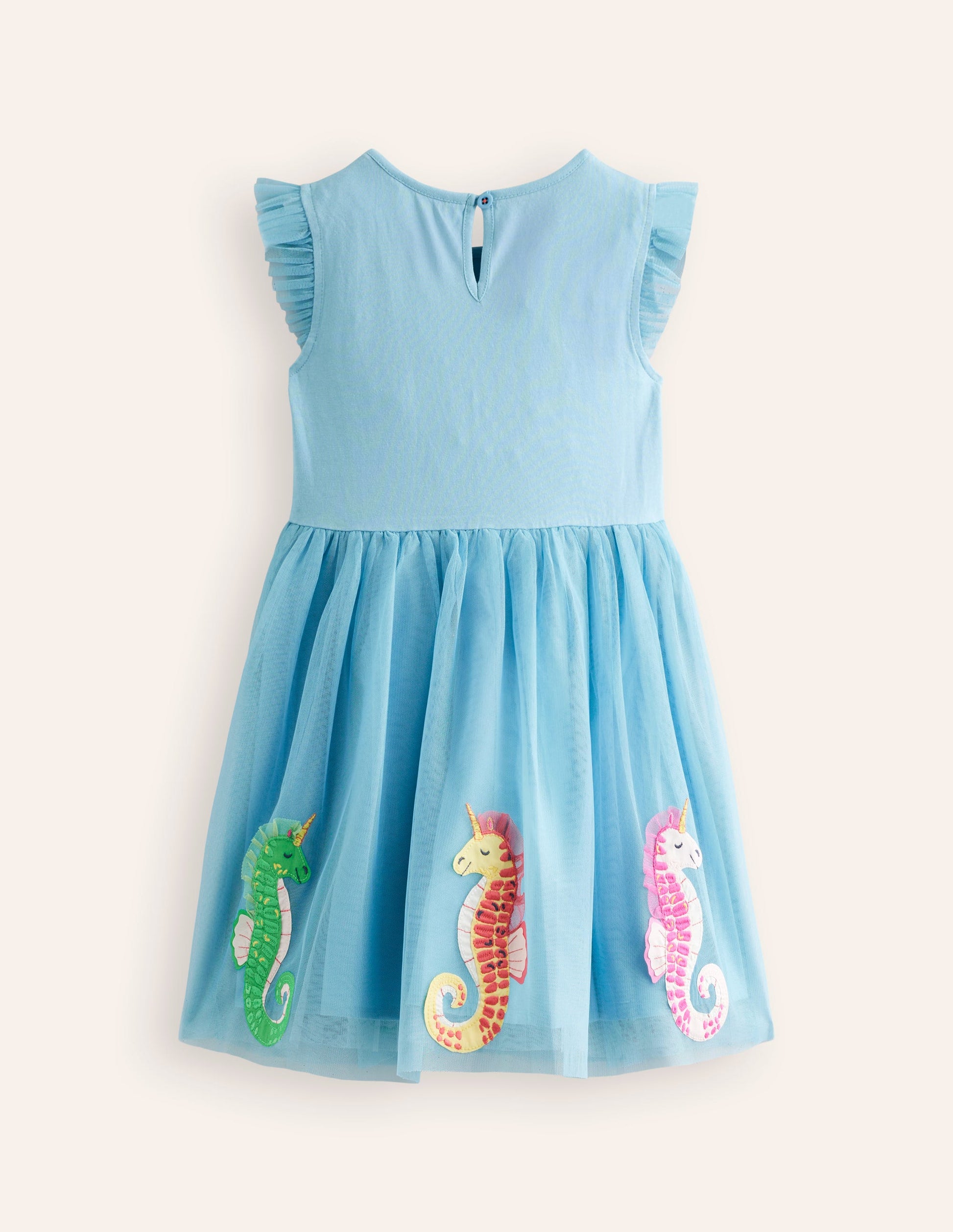 Jersey Tulle Appliqué Dress-Aqua Sea Blue Seahorses-2