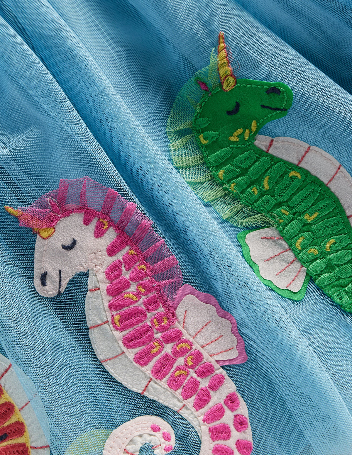 Jersey Tulle Appliqué Dress-Aqua Sea Blue Seahorses-3