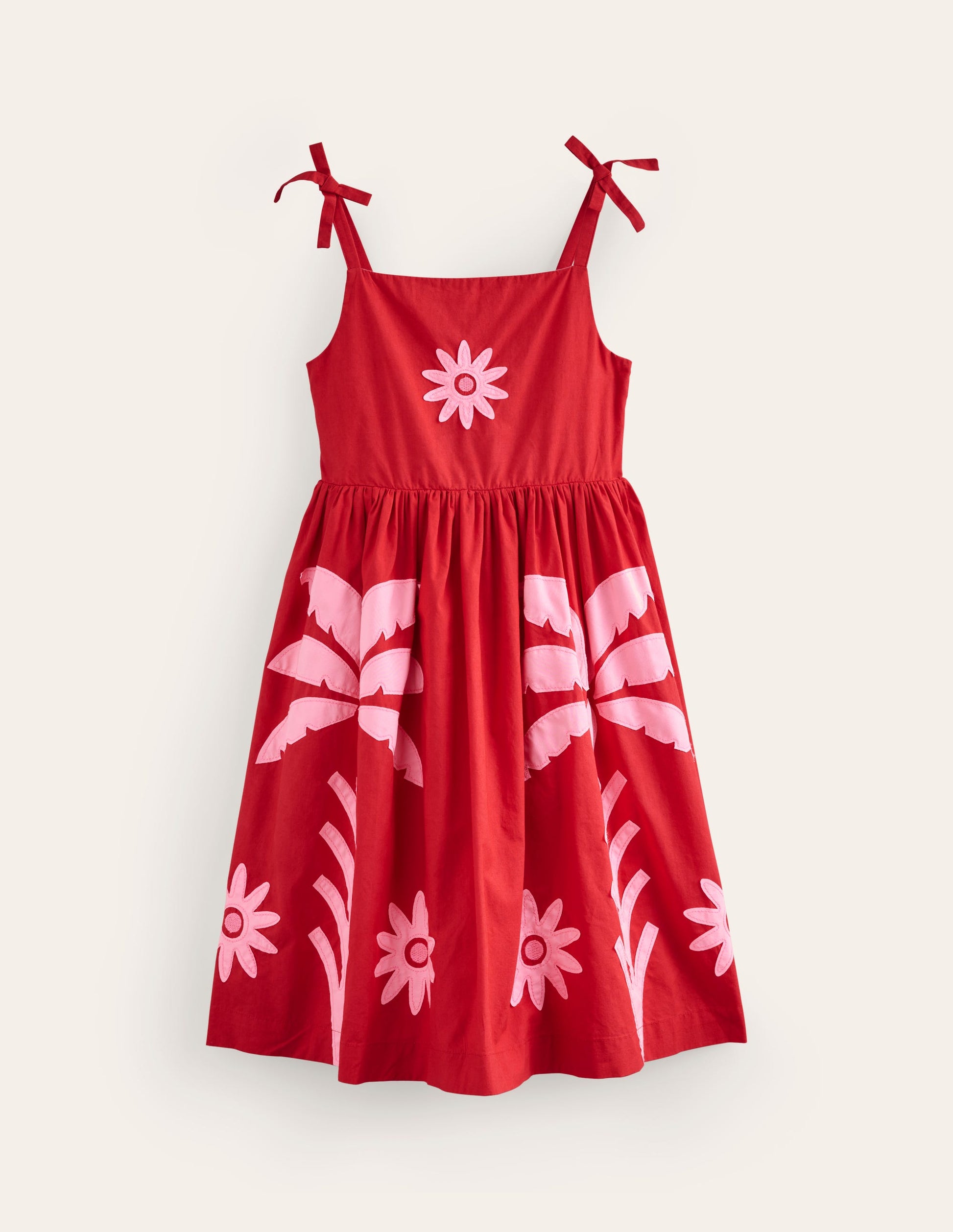 Appliqué Cotton Dress-Poppy Red Palms-1