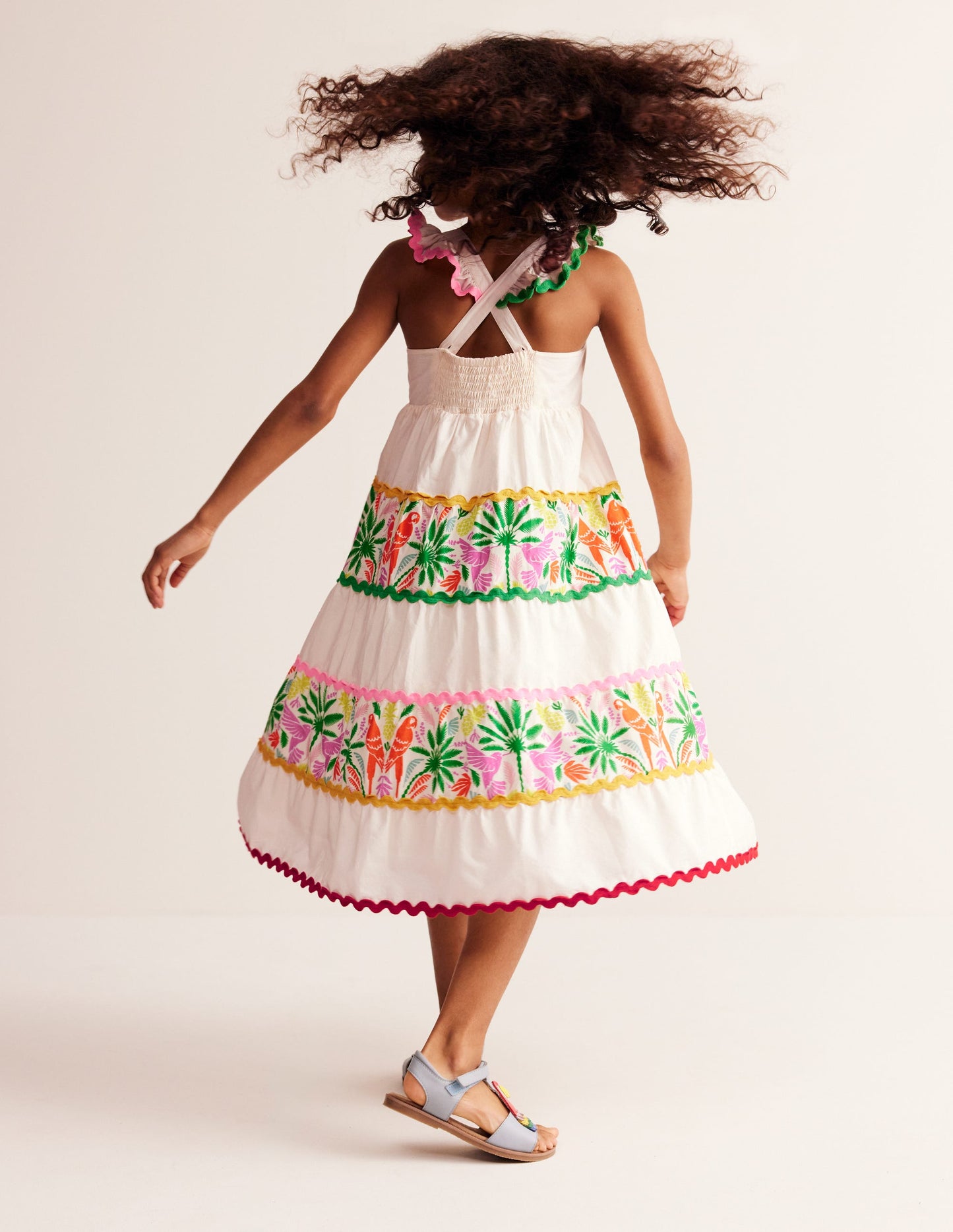 Tiered Twirly Ric Rac Dress-Multi Rainbow Palm