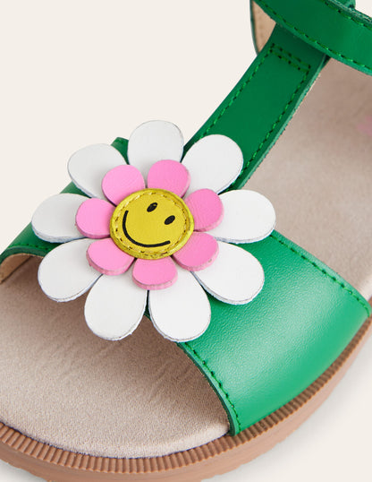 Fun Leather Sandals-Green Smiley Flower