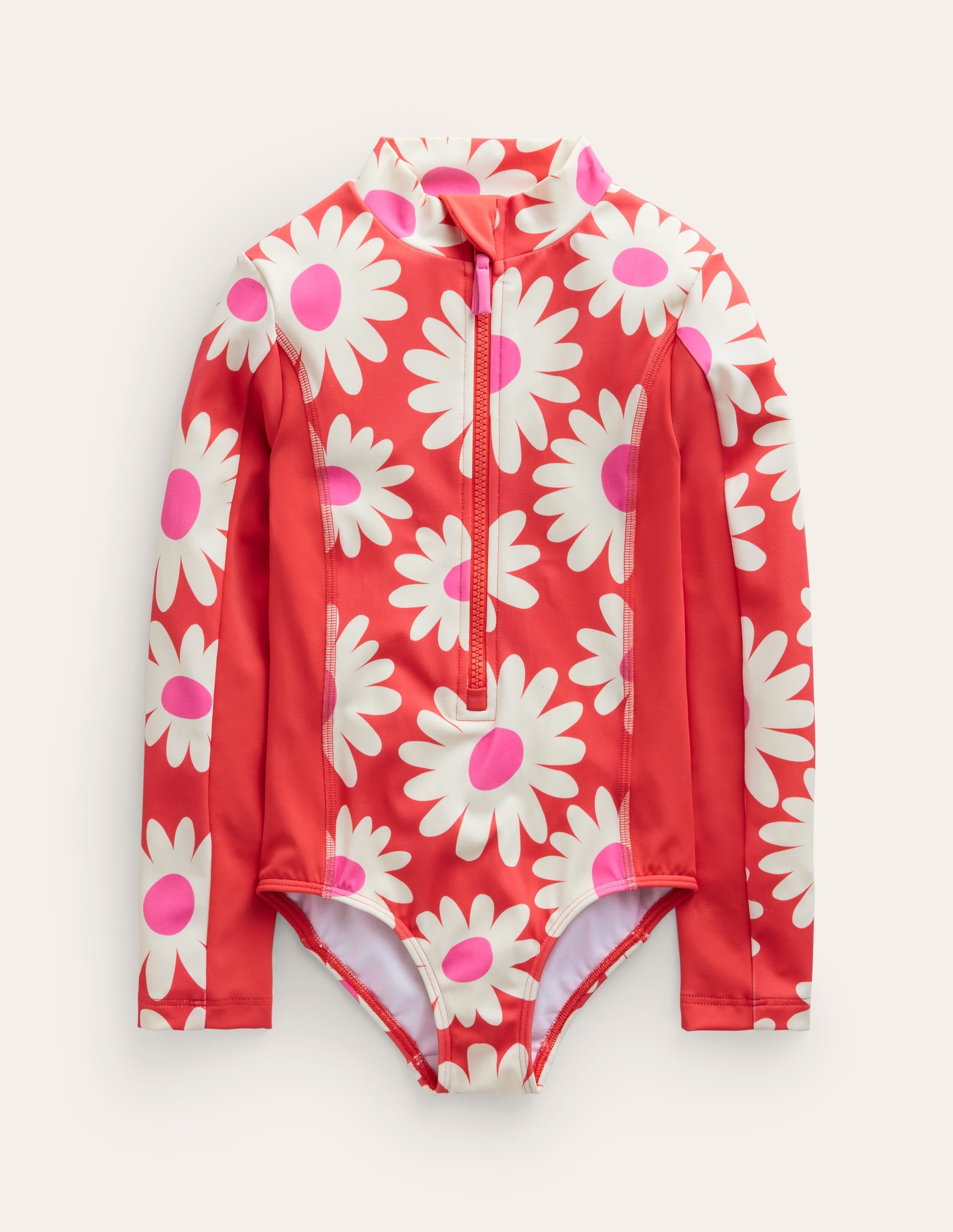 Long-sleeved Swimsuit-Cayenne Red Daisy - Image 1