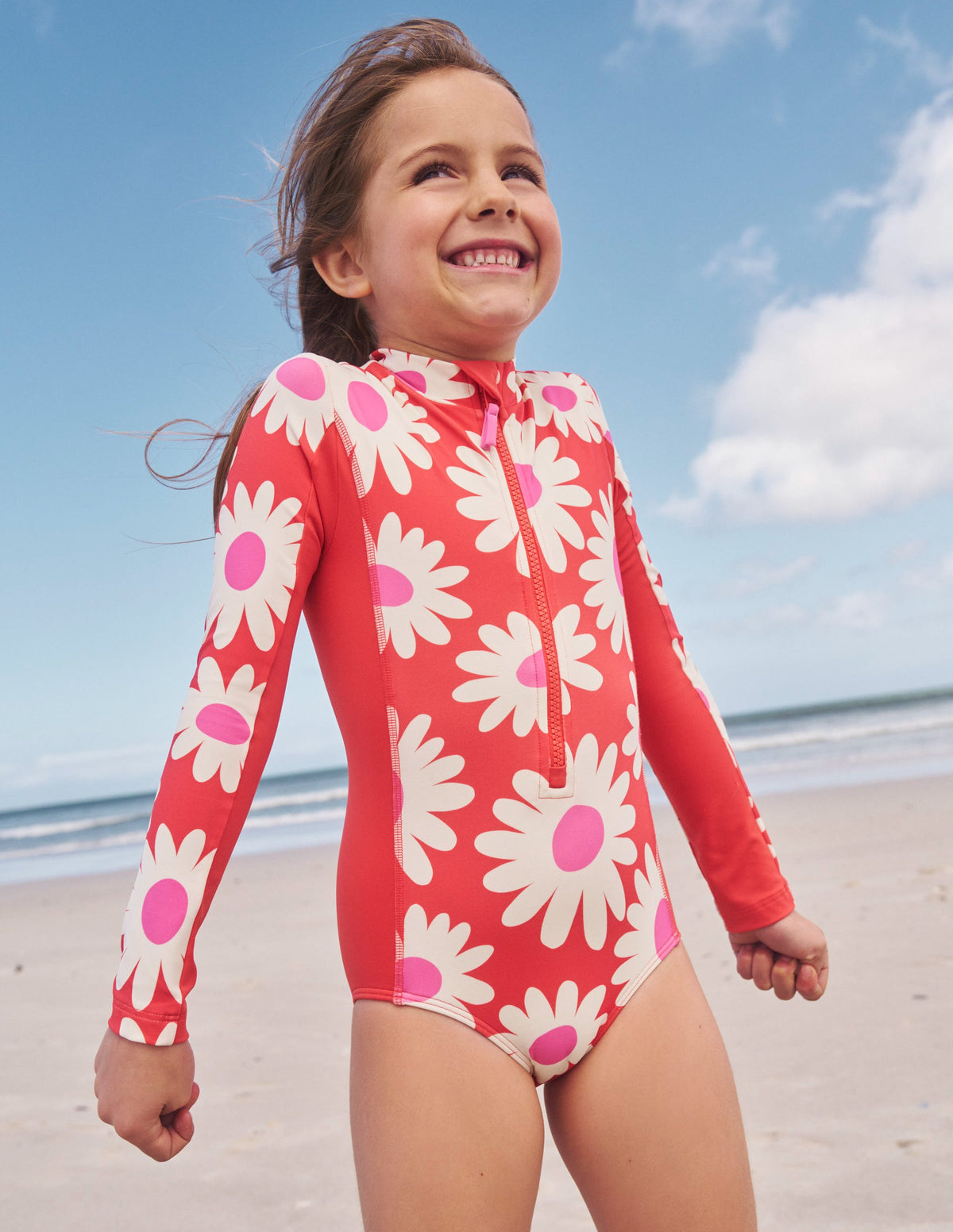 Long-sleeved Swimsuit-Cayenne Red Daisy - Image 4