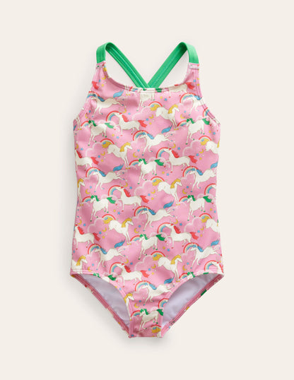 Cross-back Printed Swimsuit-Formica Pink Unicorns-1