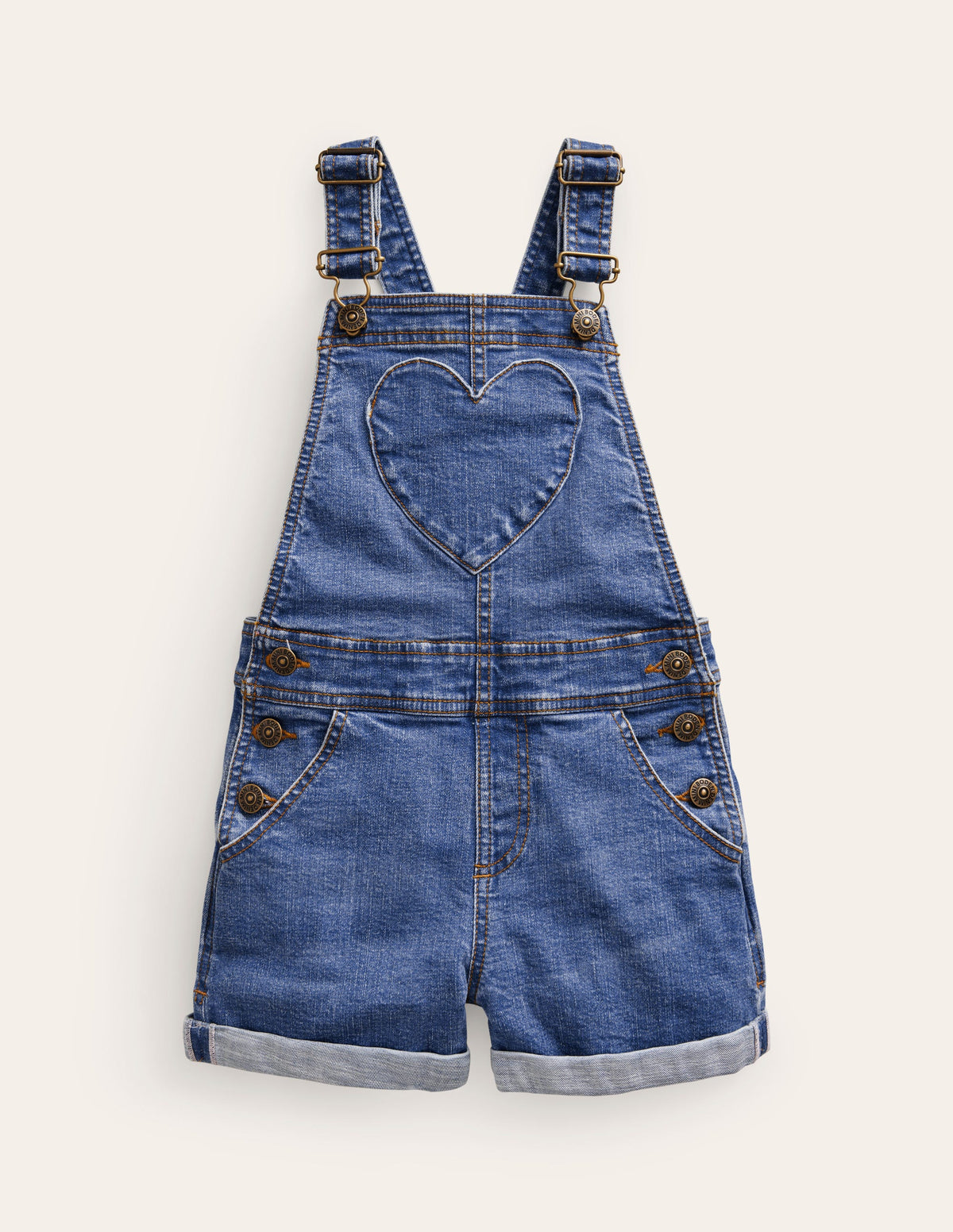 Heart Pocket Short Overalls-Mid Vintage Denim - Image 1
