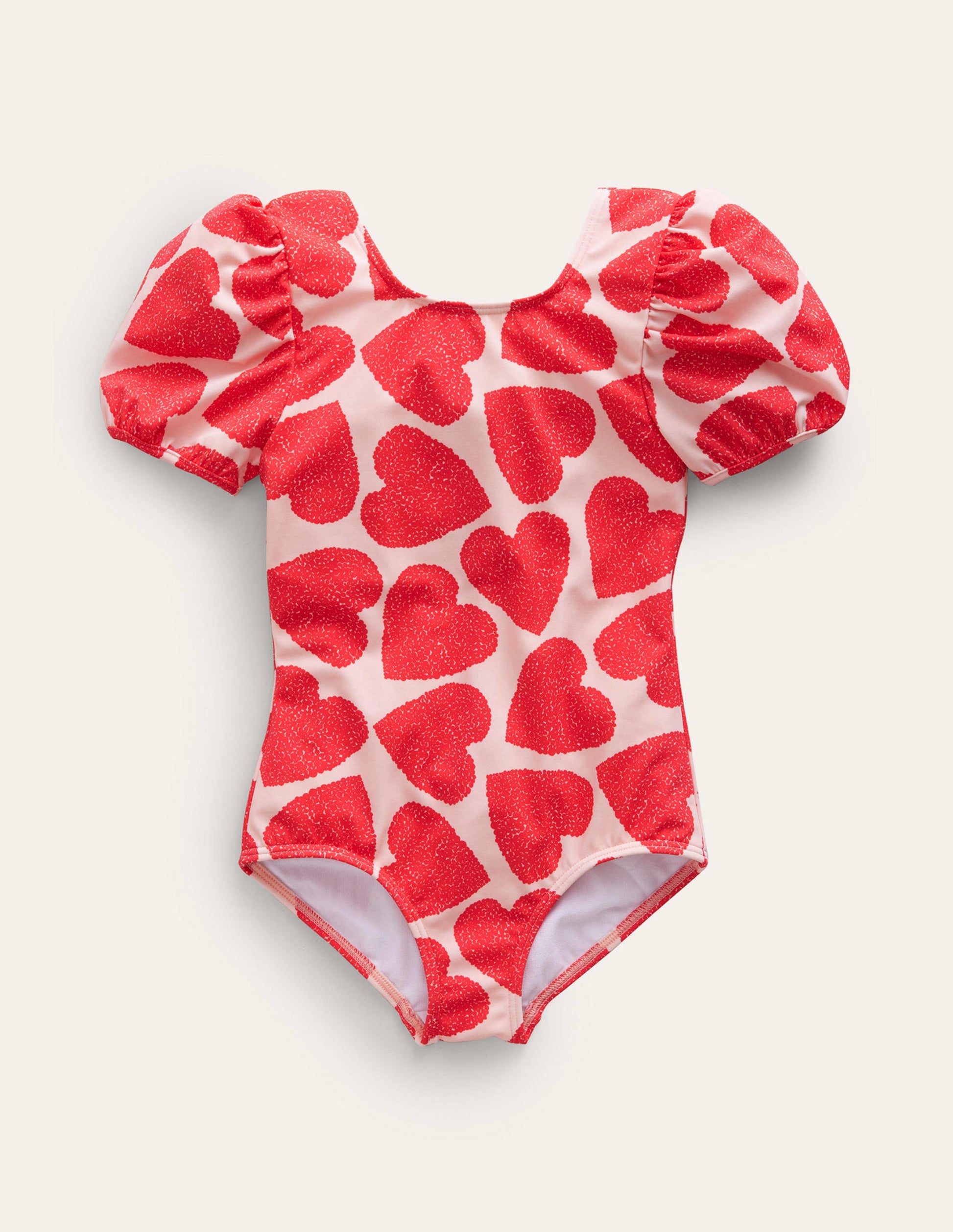 Printed Puff-sleeved Swimsuit-Ballet Pink Hearts-1