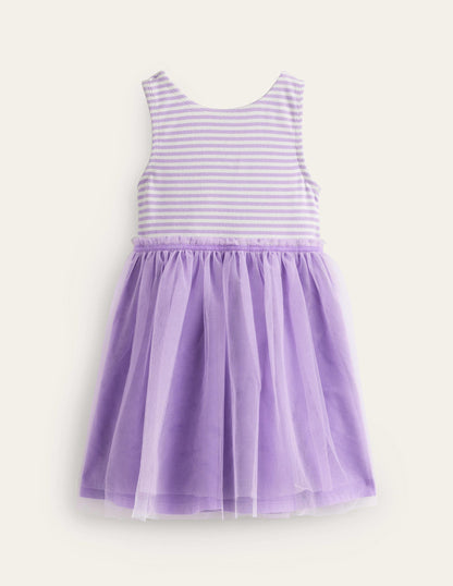 Jersey Tulle Mix Dress-Misty Lavender / Ivory Stripe