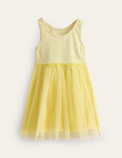 Jersey Tulle Mix Dress-Spring Yellow / Ivory Stripe