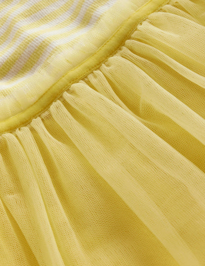 Jersey Tulle Mix Dress-Spring Yellow / Ivory Stripe