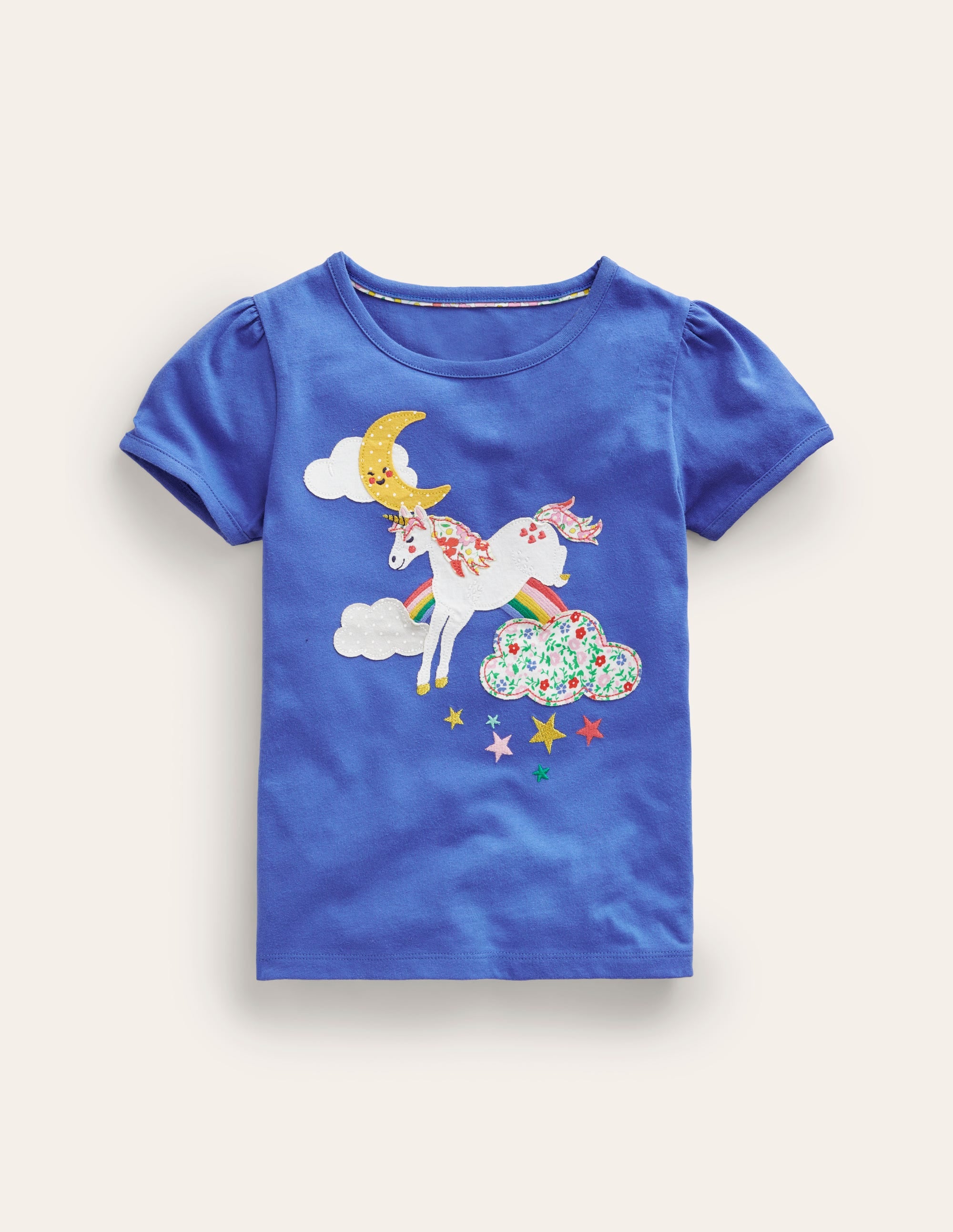 Puff Sleeve Appliqué T-shirt-Bluejay Unicorn - Image 1