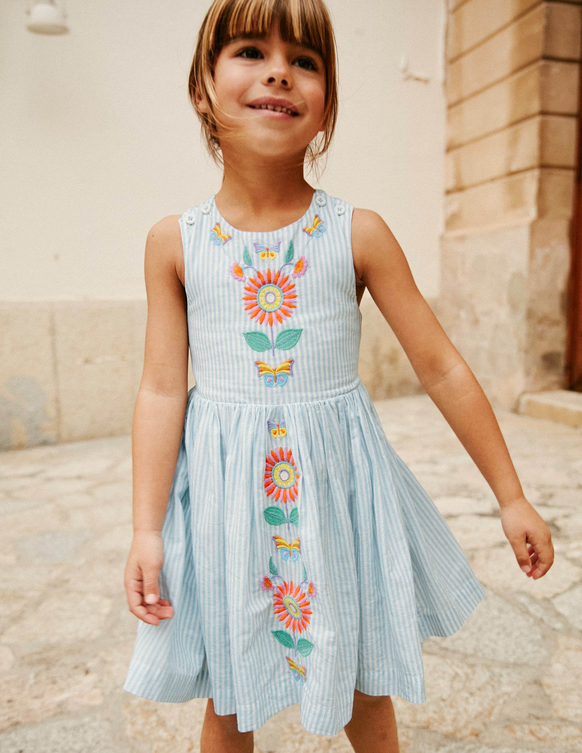 Cross-Back Dress-Blue / Ivory Stripe Floral - Image 4