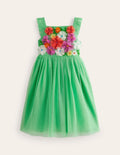 Appliqué Tulle Dress-Pea Green Flowers