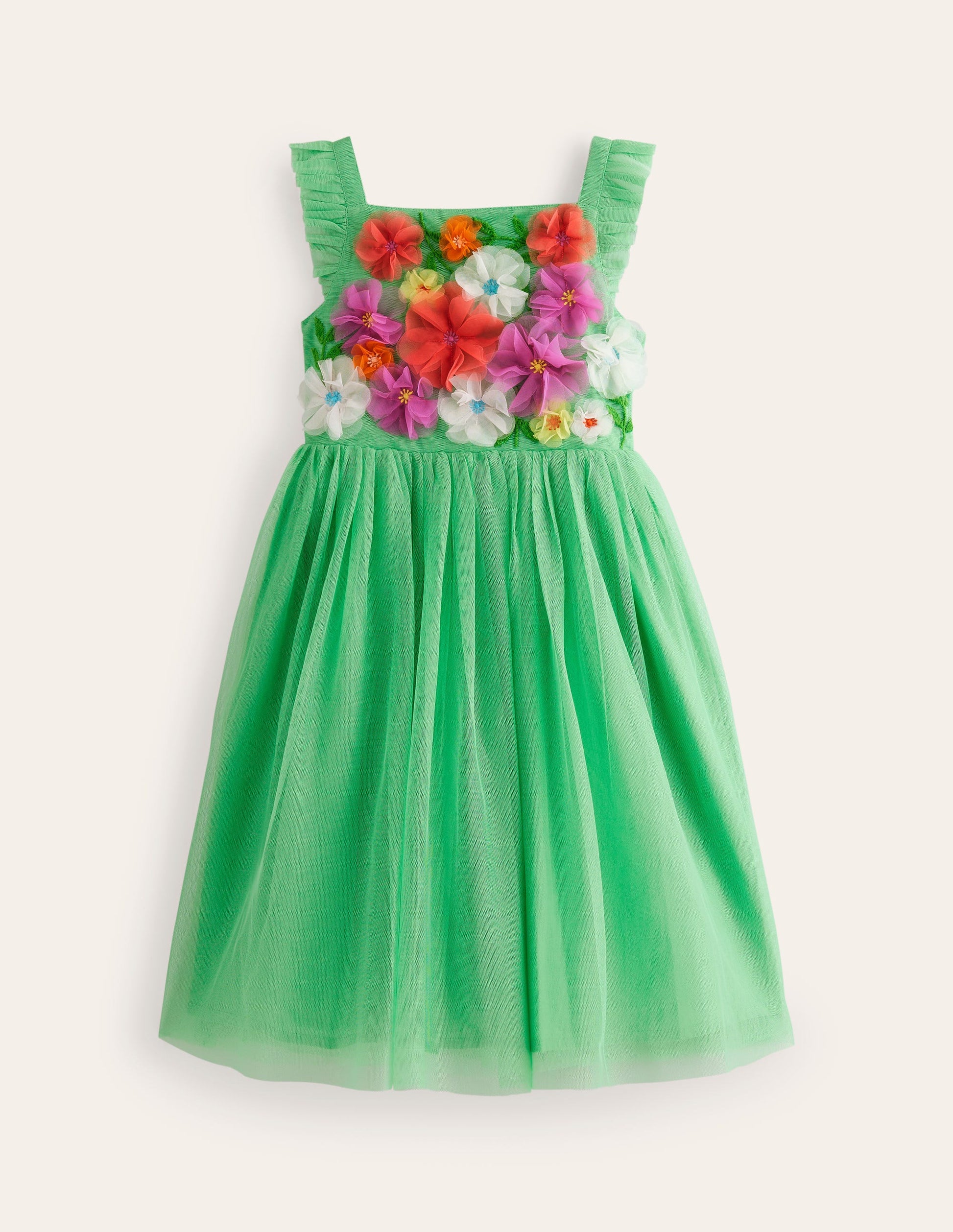 Appliqué Tulle Dress-Pea Green Flowers-1