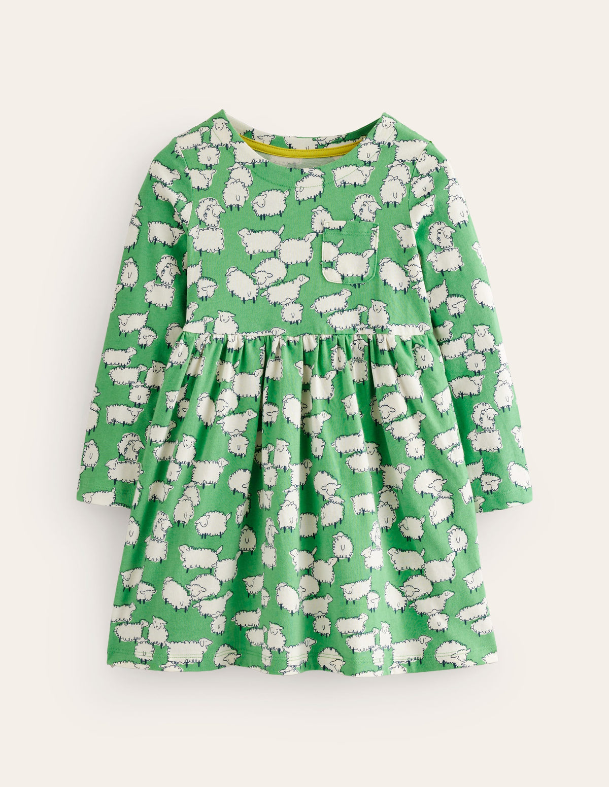 Long Sleeve Fun Jersey Dress-Aloe Green Sheep-1
