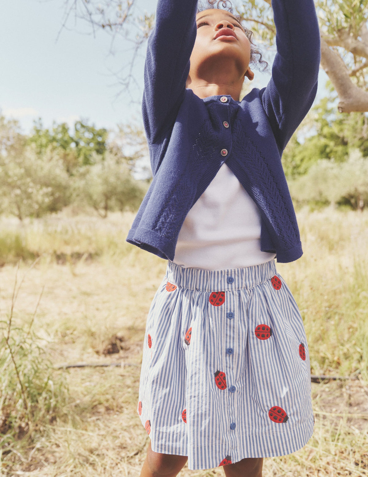 Button Through Twirly Skirt-Ticking Stripe Ladybird-4