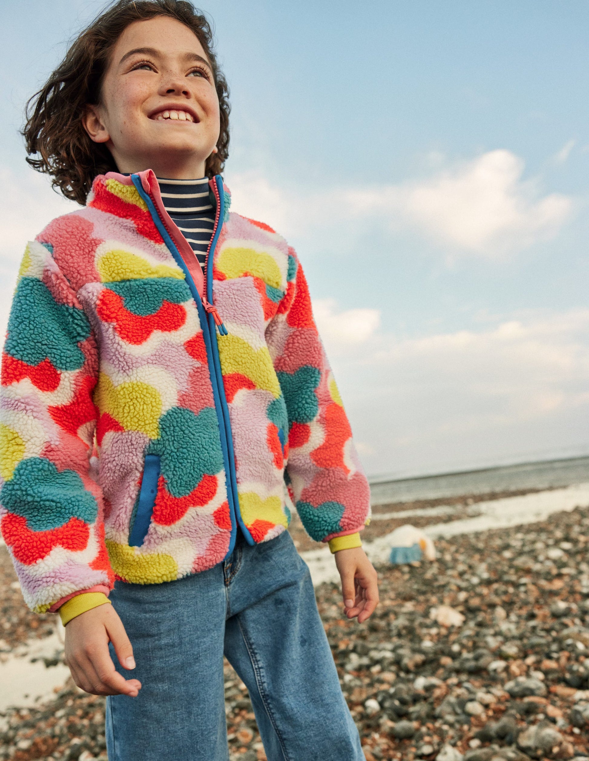 Zip Through Printed Fleece-Multi Rainbow Clouds-4