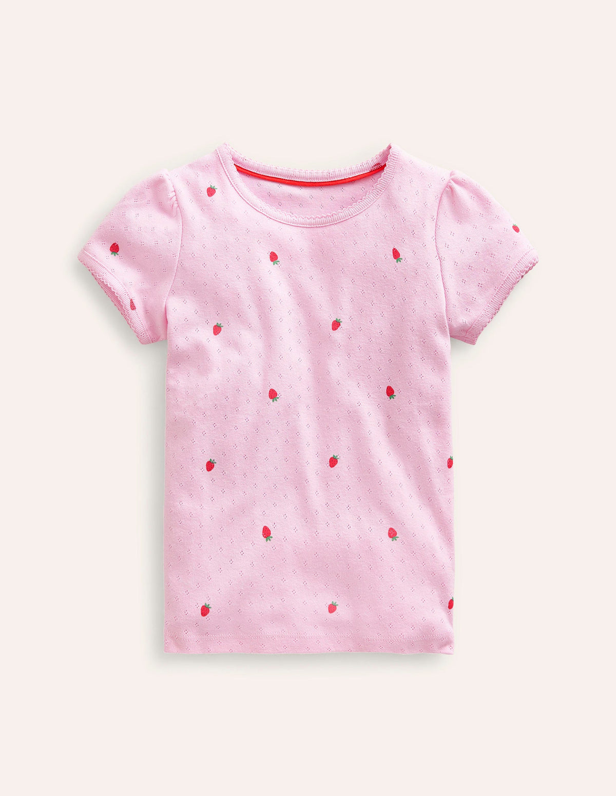 Short-sleeved Pointelle Top-Sweet Pea Pink Strawberries - Image 1