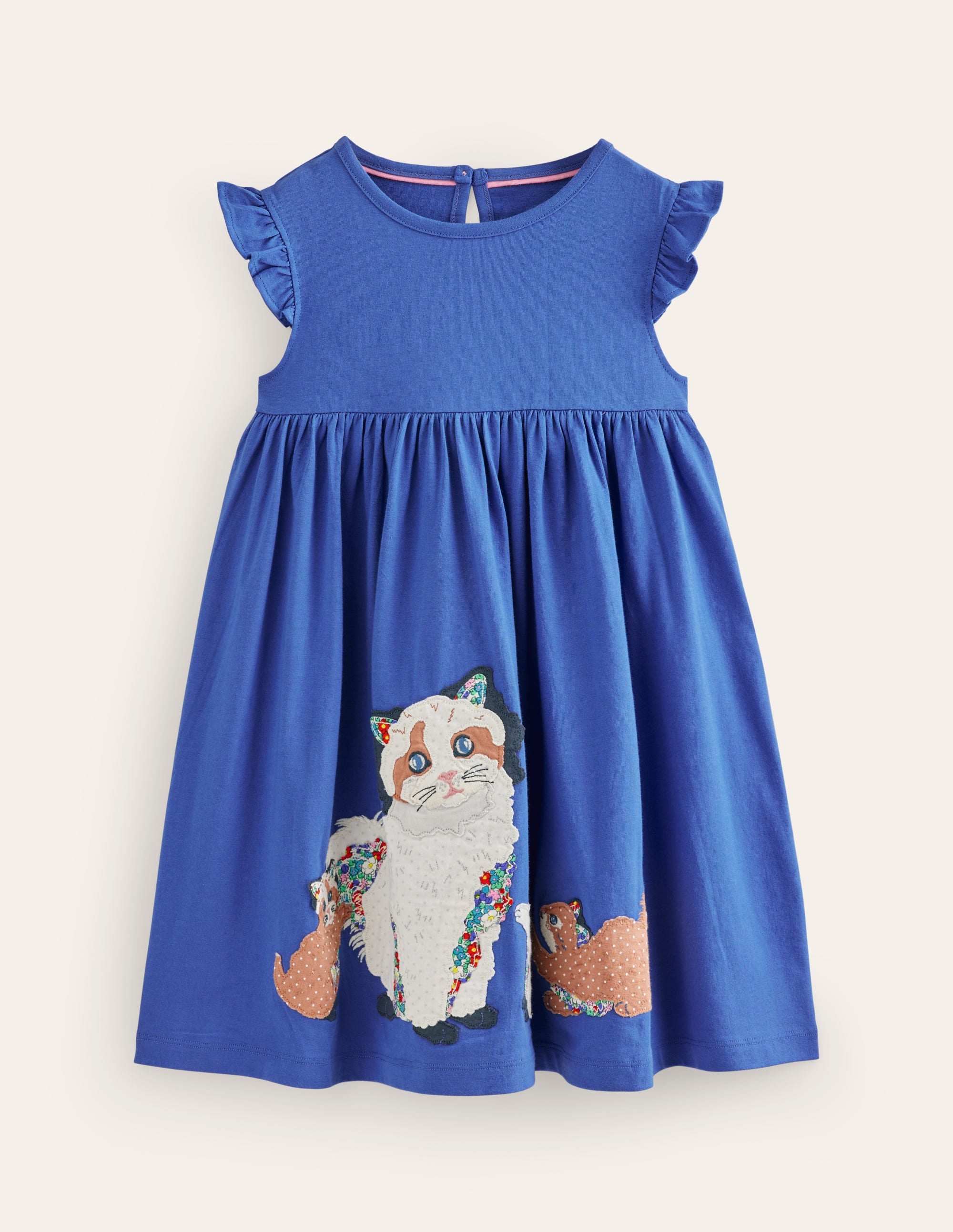 Frill Sleeve Appliqué Dress-BlueJay Cats - Image 1