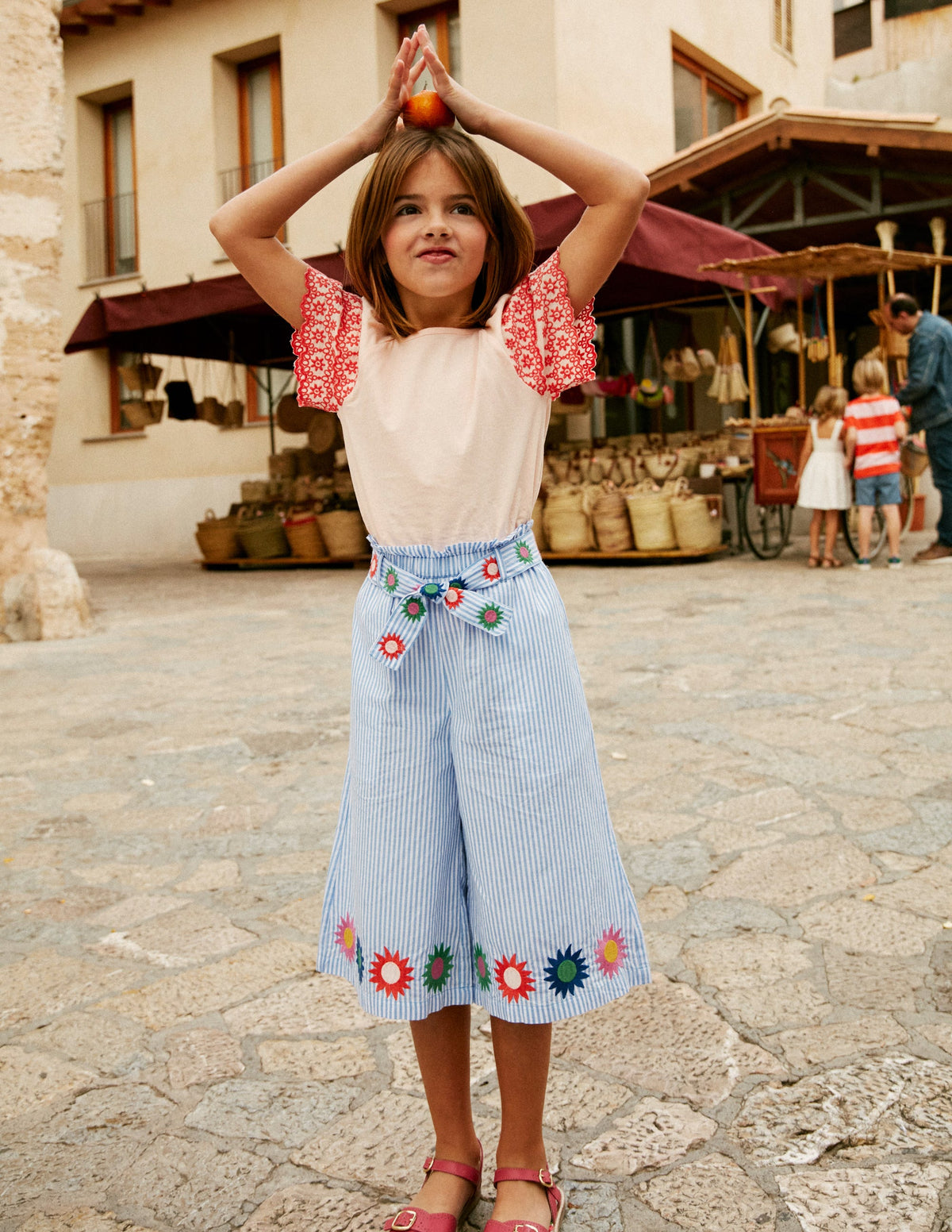 Printed Wide Leg Pants-Vintage Blue / Ivory Stripe - Image 4