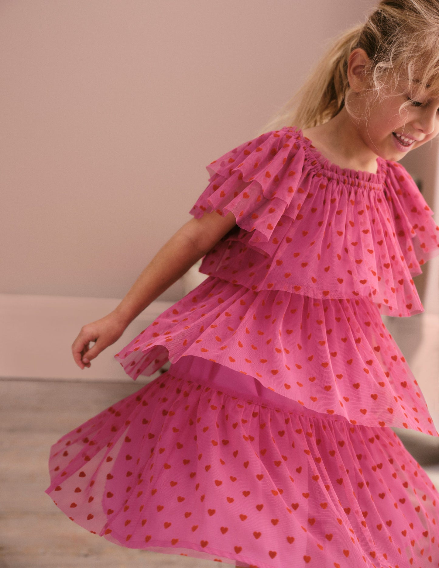 Tiered Tulle Dress-Strawberry Pink Hearts