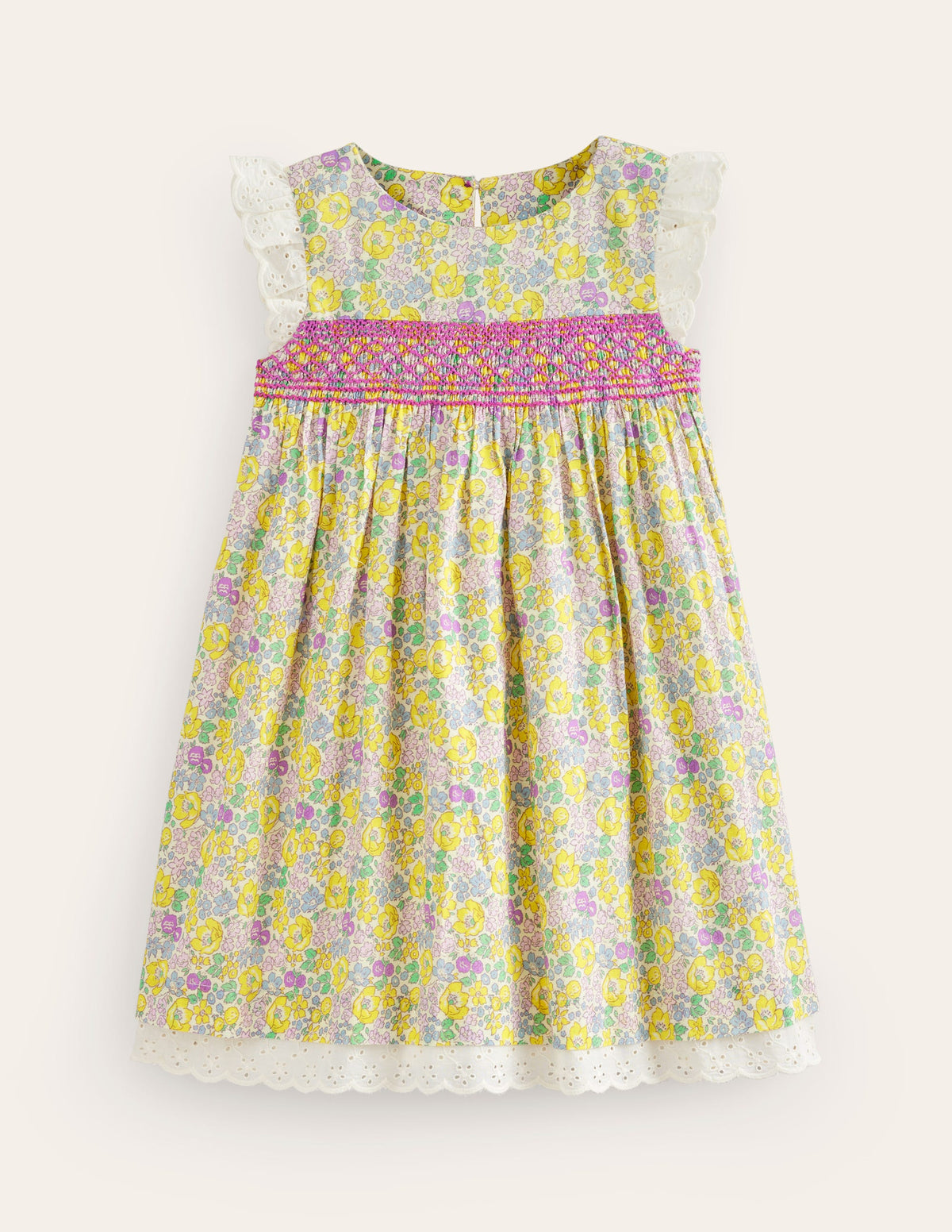 Smocked Lace Trim Dress-Yellow Spring Bloom-1