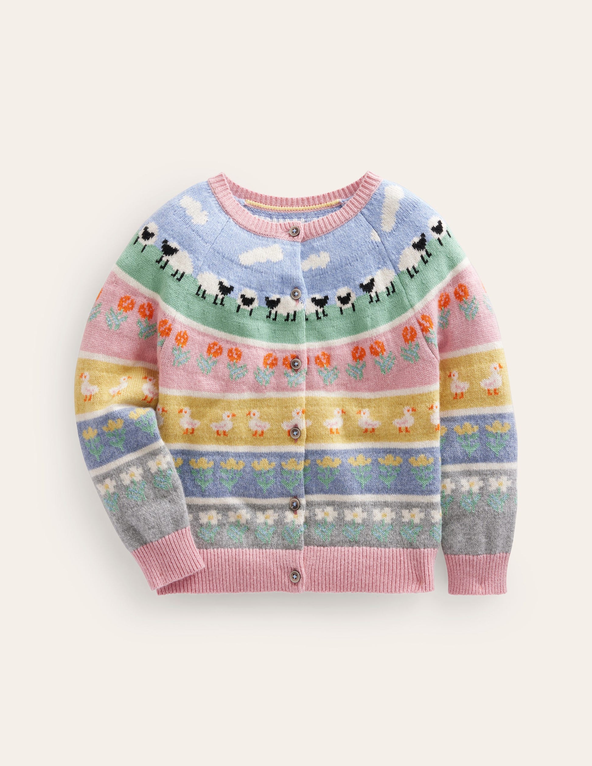 Fair Isle Cardigan-Almond Pink Easter Animals-1