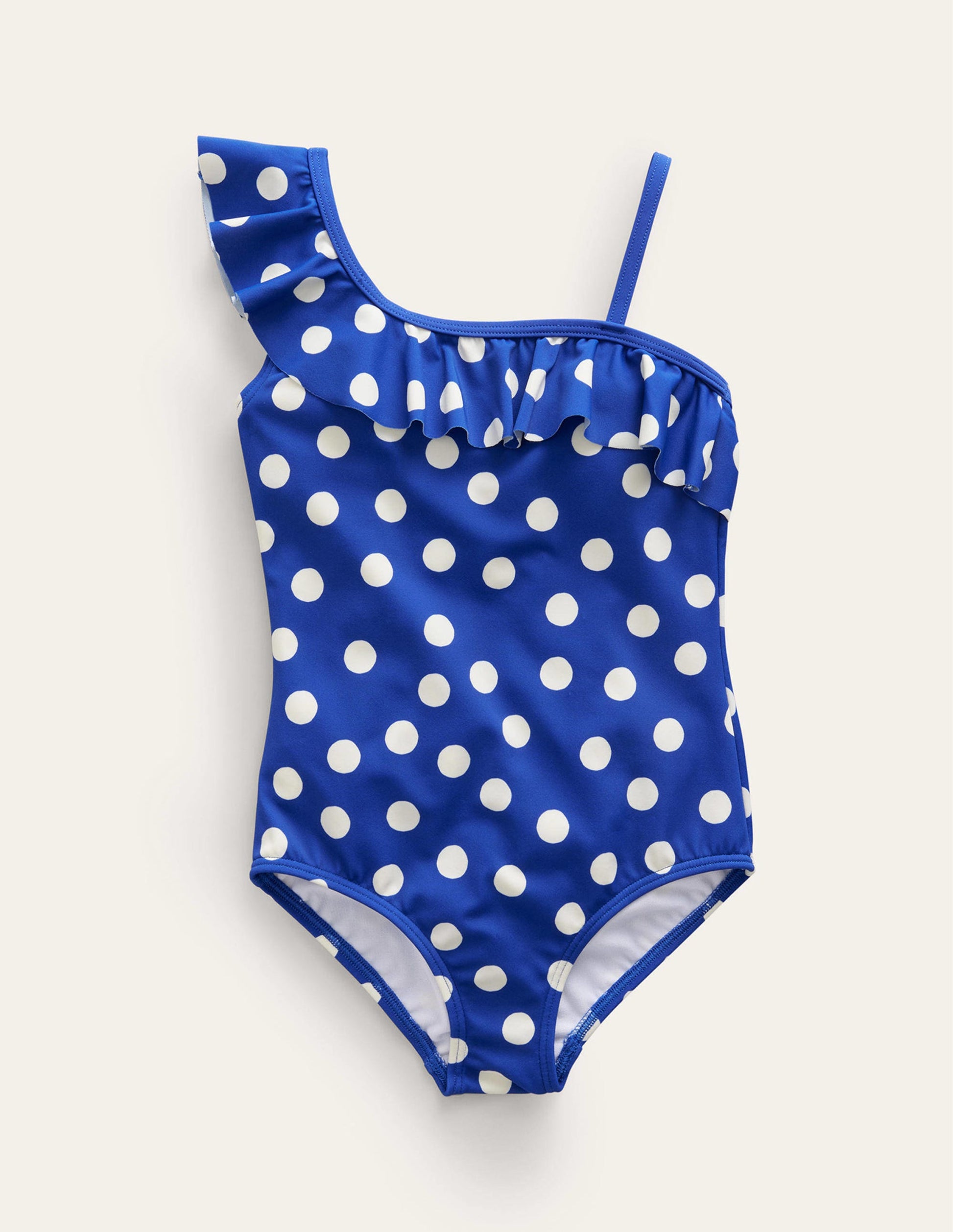 One Shoulder Frill Swimsuit-Navy, Ivory Spot-1