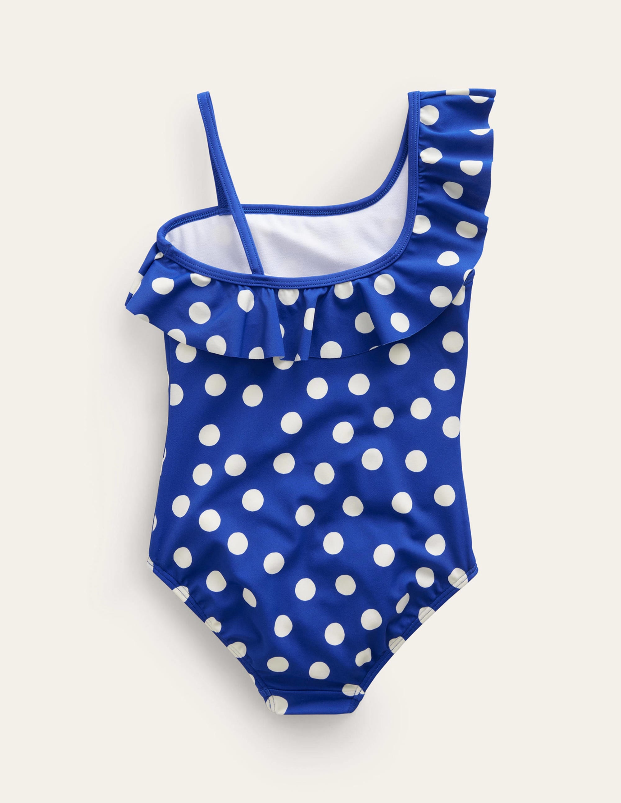 One Shoulder Frill Swimsuit-Navy, Ivory Spot - Image 2