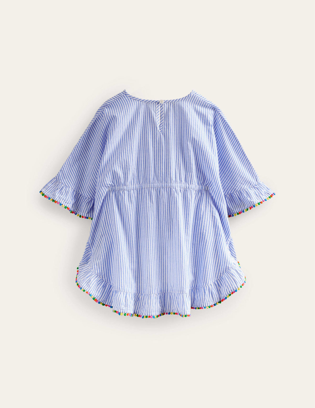 Pom Trim Poncho Kaftan-Surf Blue / Ivory Stripe-2
