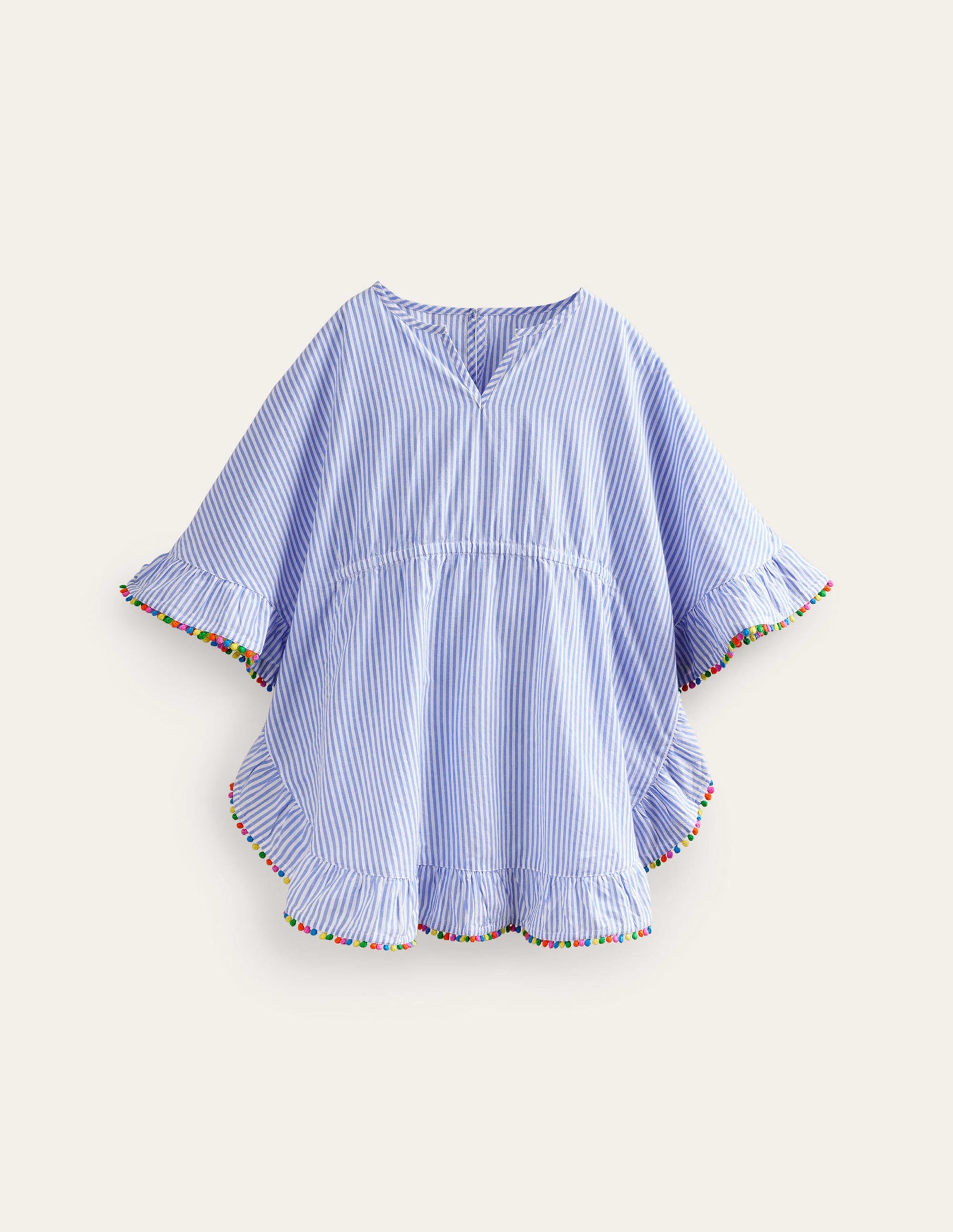 Pom Trim Poncho Kaftan-Surf Blue / Ivory Stripe - Image 1