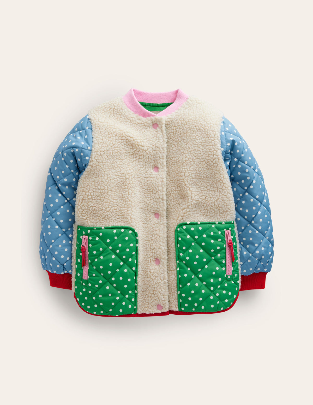 Borg Mix Bomber Jacket-Ivory / Colourblock Spot-1