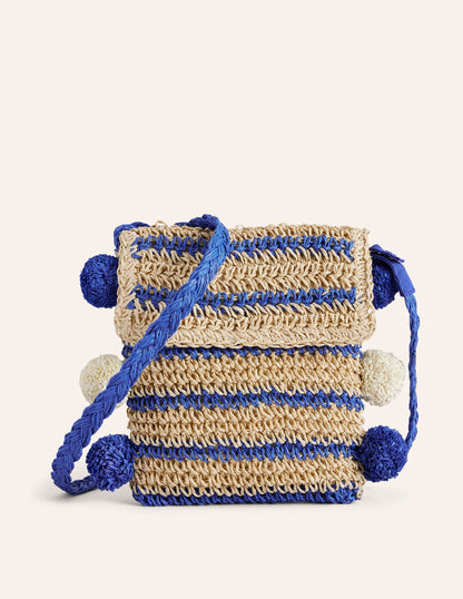 Cross-Body Straw Bag-Blue Stripe Poms-1