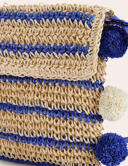 Cross-Body Straw Bag-Blue Stripe Poms-2