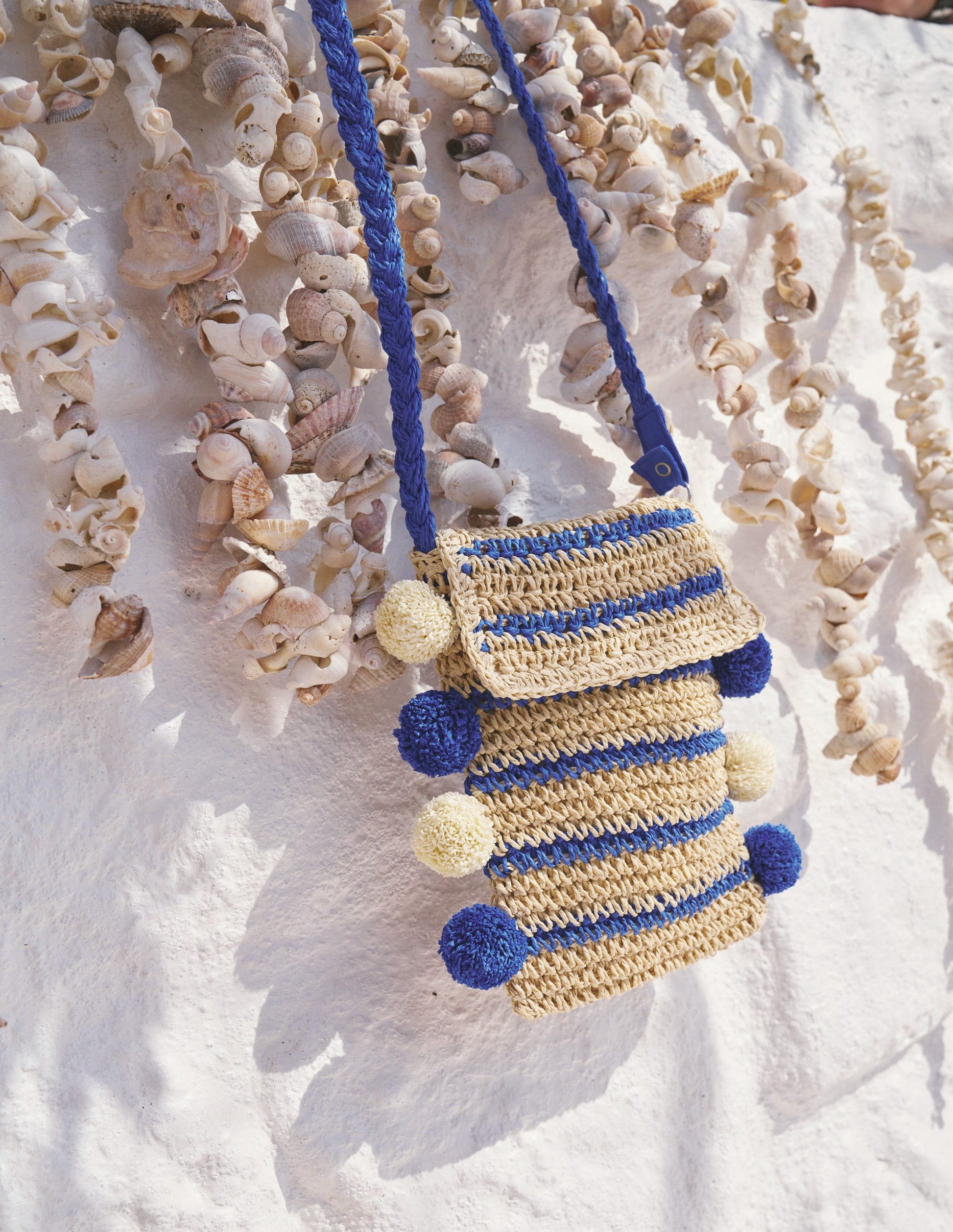Cross-Body Straw Bag-Blue Stripe Poms-3
