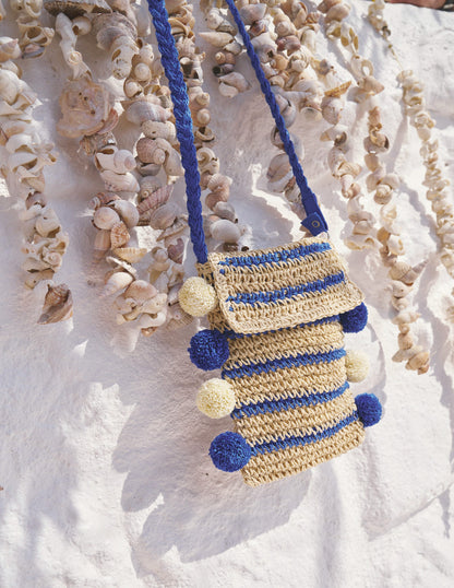 Cross-Body Straw Bag-Blue Stripe Poms-3