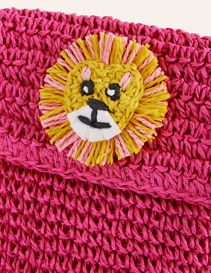 Cross-Body Straw Bag-Pink Lion Appliqué-2
