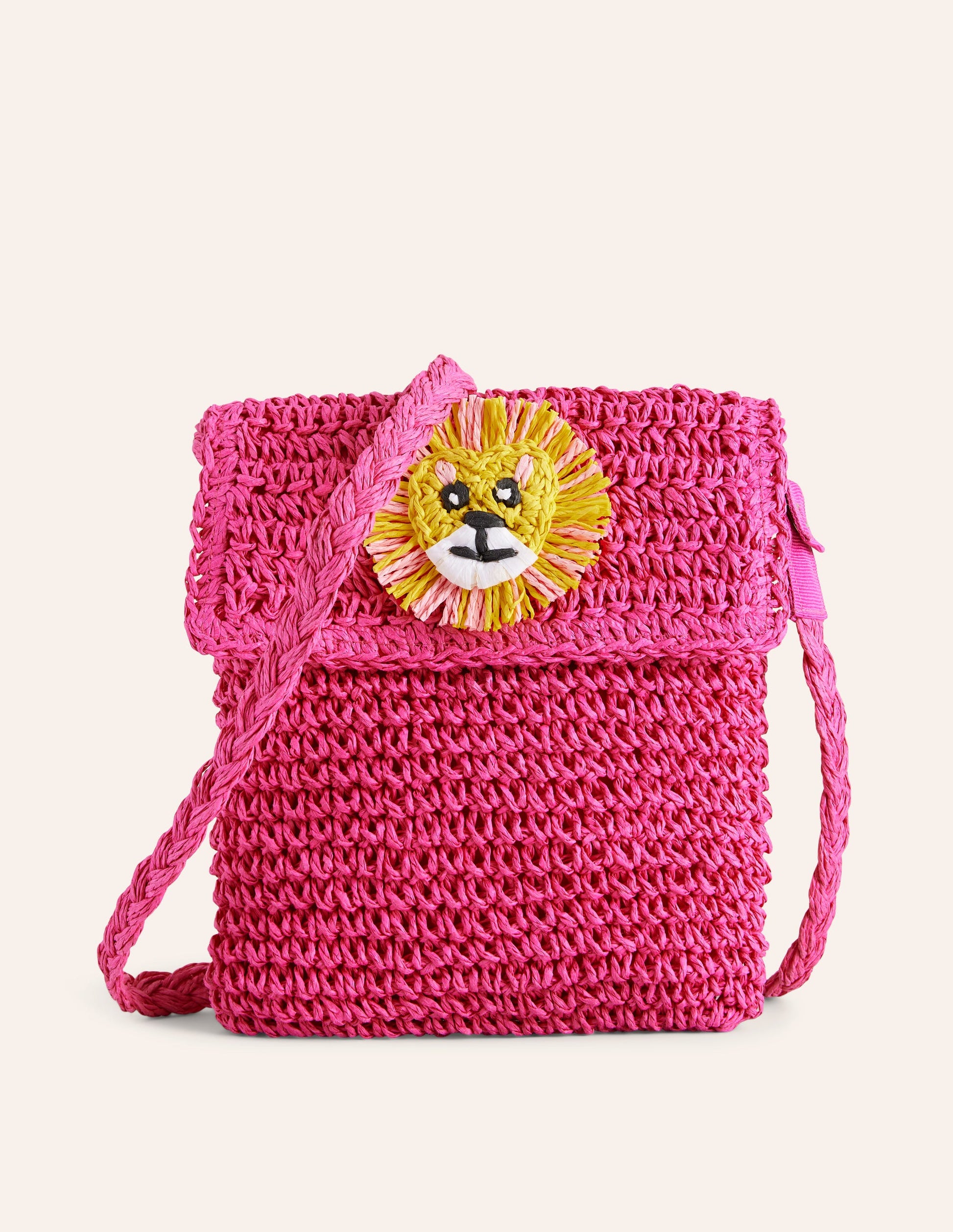 Cross-Body Straw Bag-Pink Lion Appliqué-1