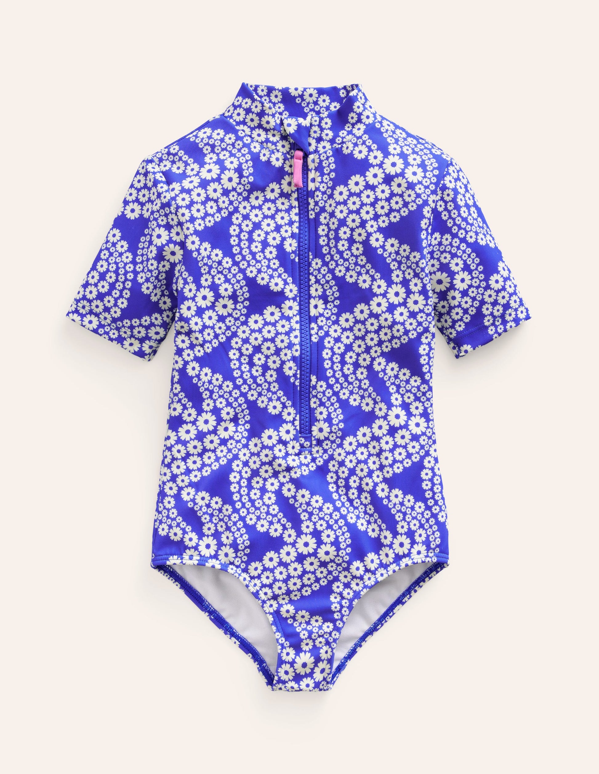 Short-sleeved Swimsuit-Dazzling Blue Daisy Wave-1