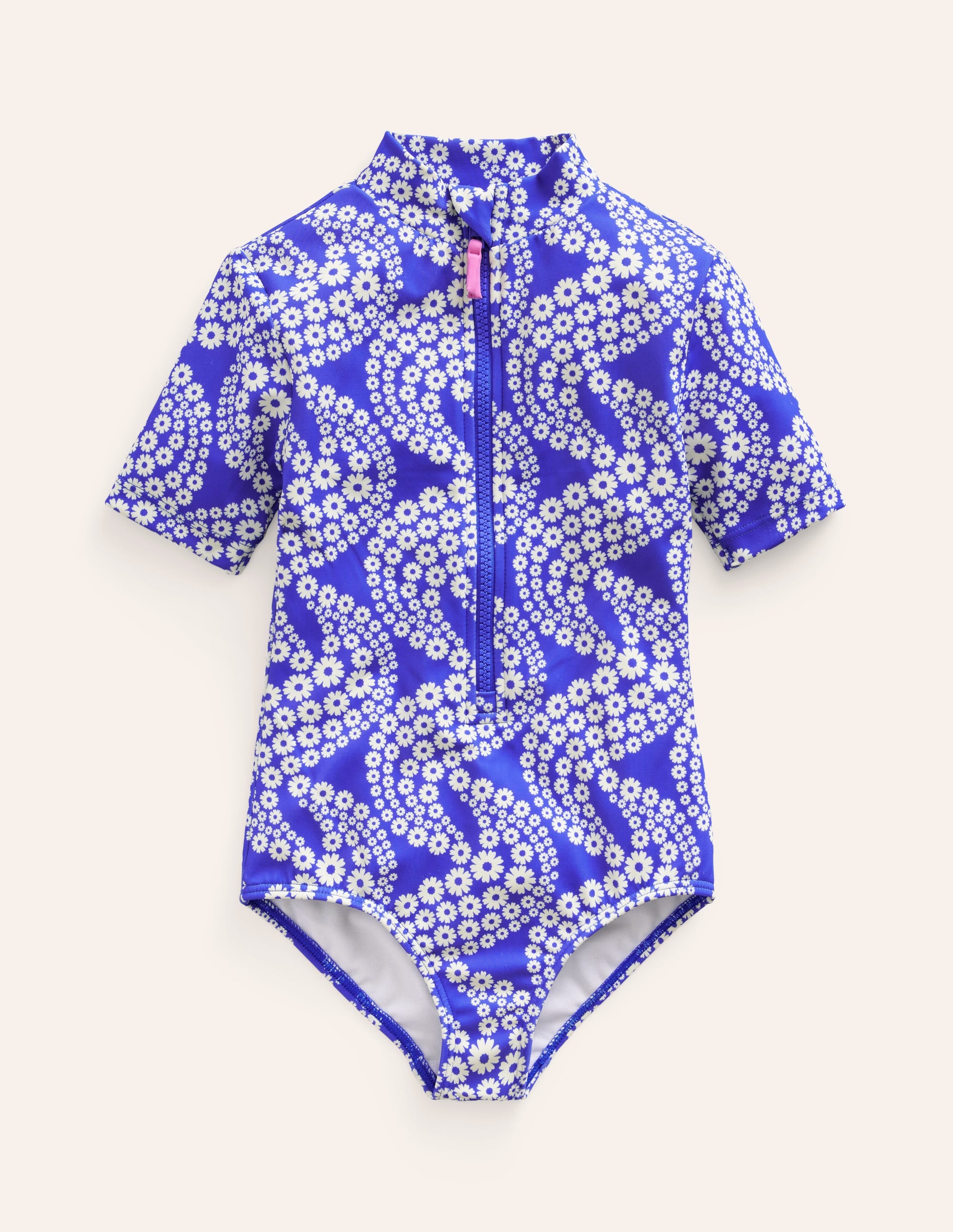 Short-sleeved Swimsuit-Dazzling Blue Daisy Wave - Image 1