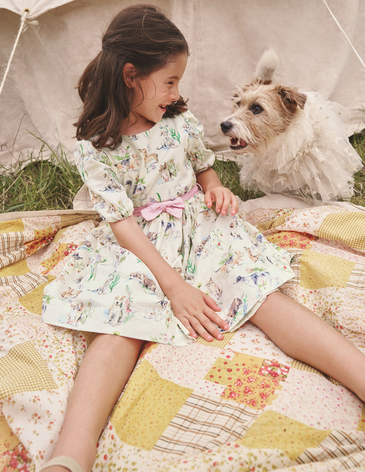 Cotton Linen Vintage Dress-Ivory Painted Puppies - Image 4
