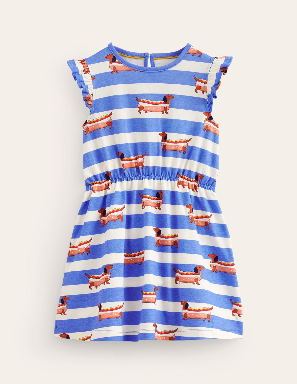 Frill Sleeve Jersey Dress-Surf Blue Hot Dog Stripe - Image 1