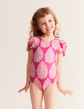 Printed Puff-sleeved Swimsuit-Pink Small Flower Stamp