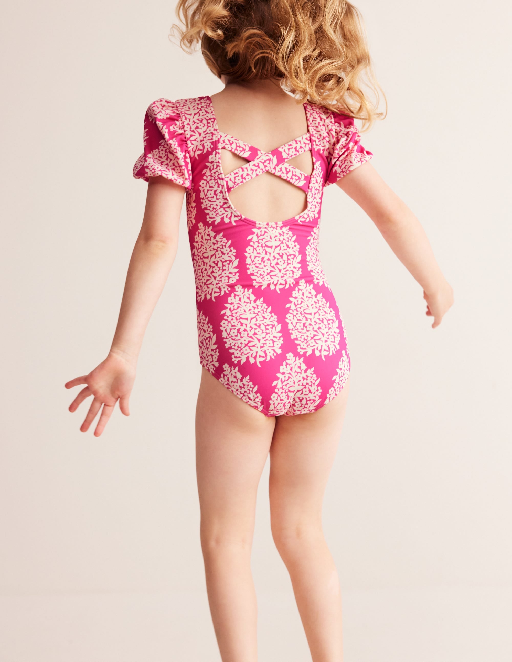 Printed Puff-sleeved Swimsuit-Pink Small Flower Stamp - Image 2