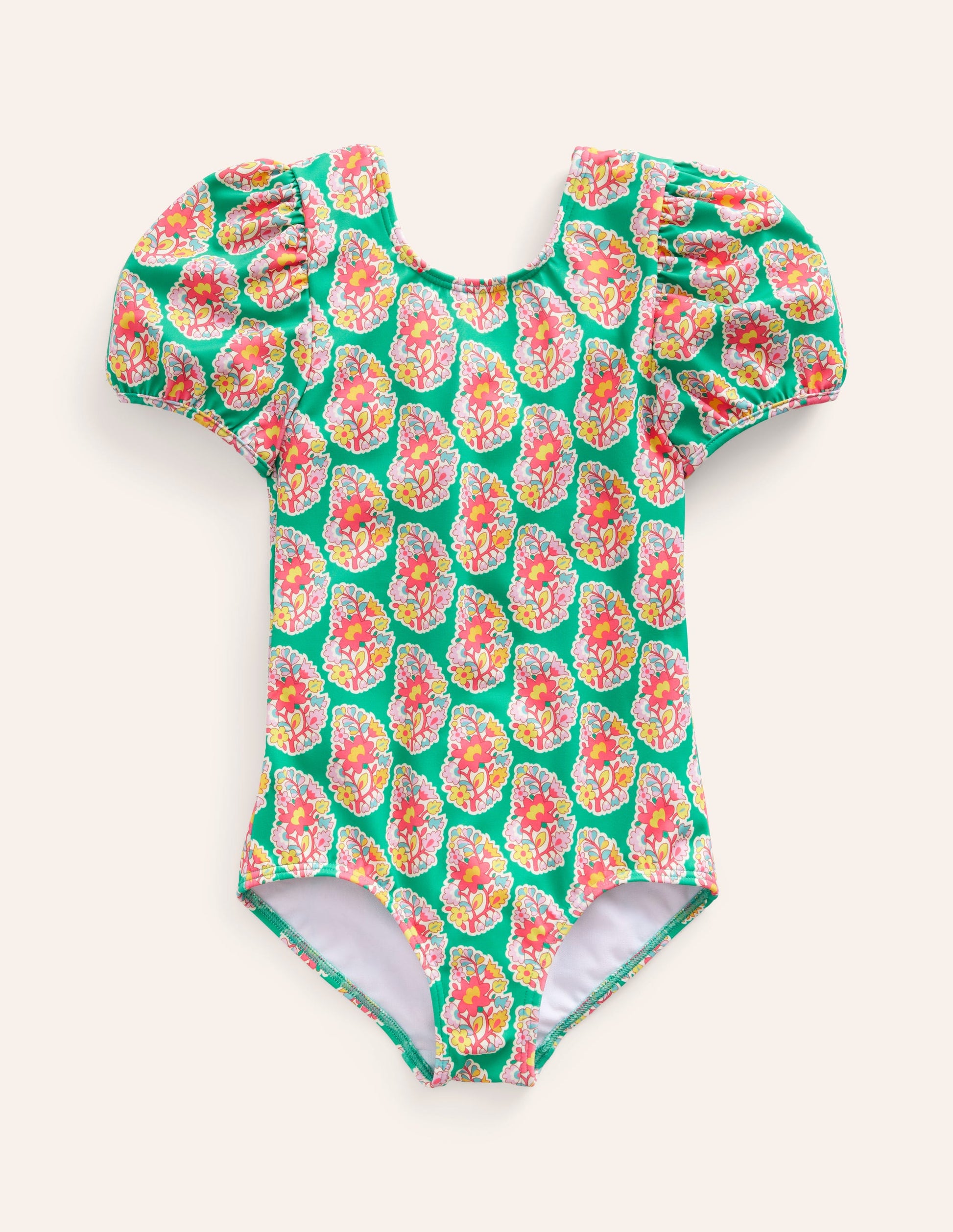 Printed Puff-sleeved Swimsuit-Jade Green Paisley-1