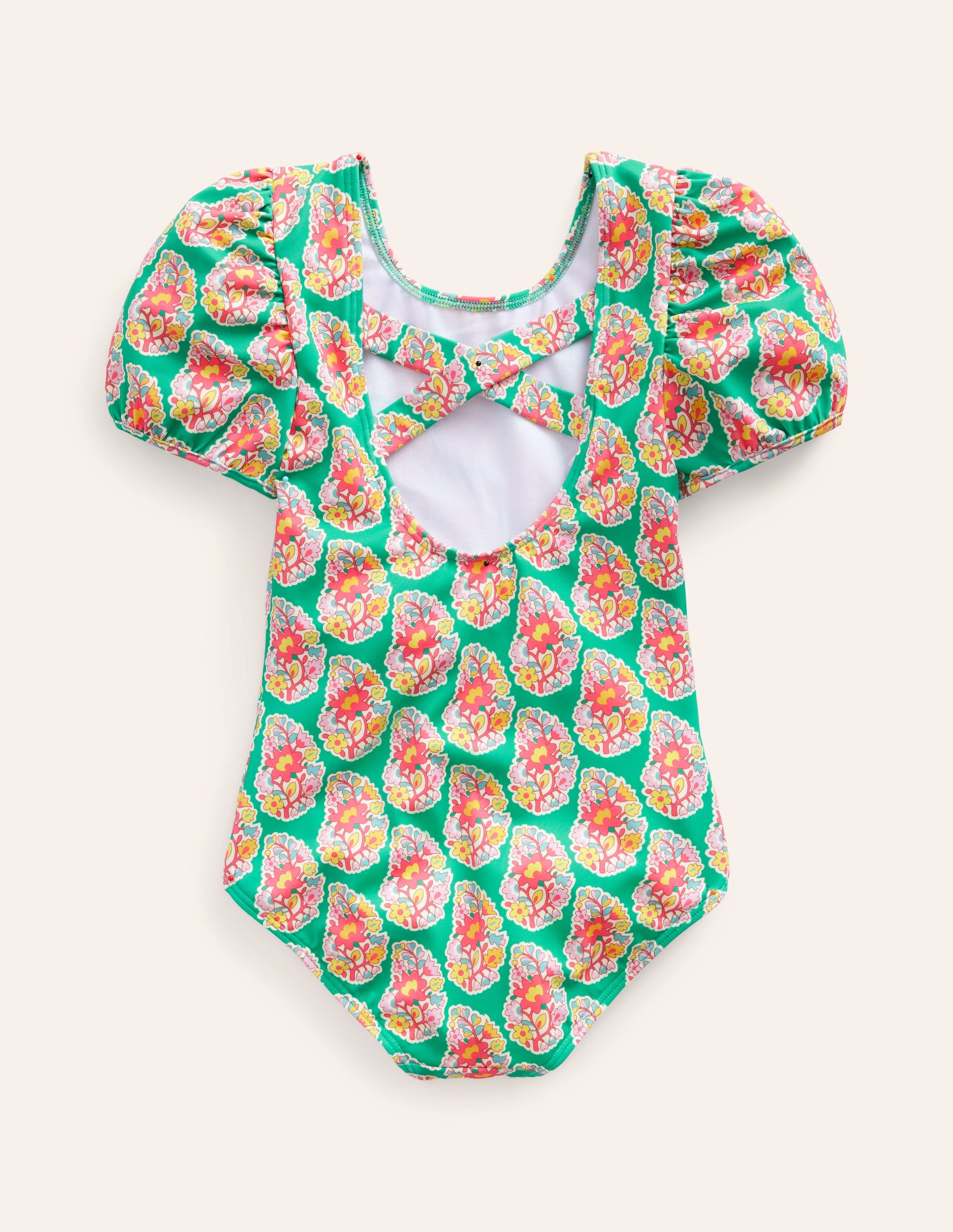Printed Puff-sleeved Swimsuit-Jade Green Paisley-2