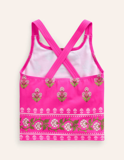 Cross Back Tankini Top-Pink Small Woodblock